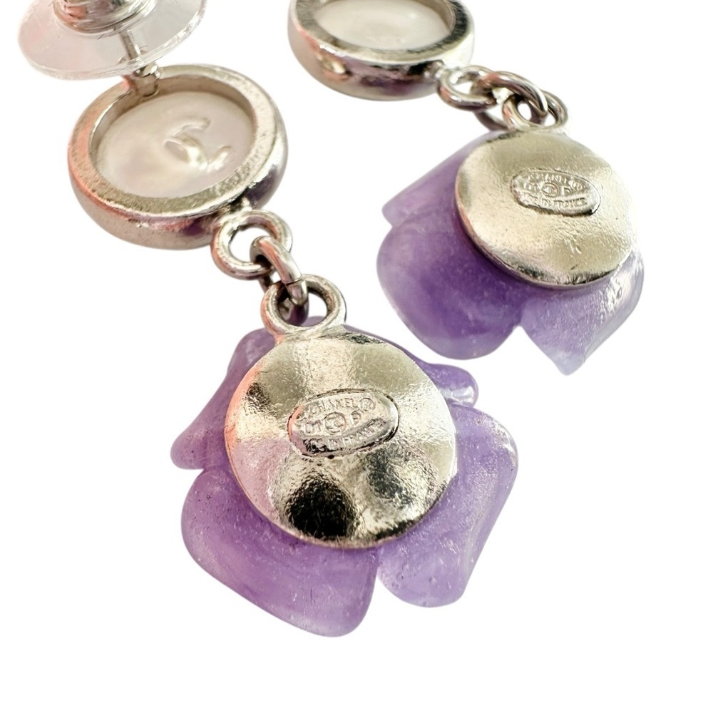 Chanel Purple Camellia Flower Silver Studded Earring Set with Box - Picture 2 of 15